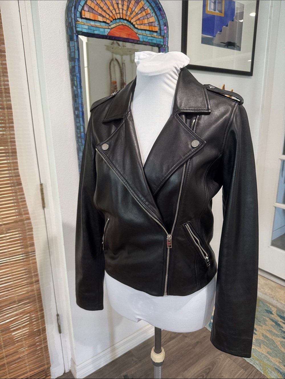 Lucky Brand Black Leather Moto Jacket with Zip Details